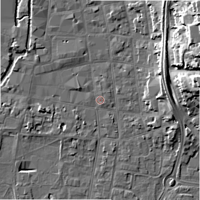 Shaded relief map of the ground around SP12DH, computed from Environment Agency LiDAR. The ground here sits at about 46 m above sea level and falls 26 m across the surrounding 800 m. Surface water reaching this point runs off ground lying to the north-east, 23.1 m higher.