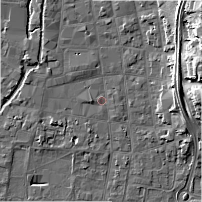 Shaded relief map of the ground around SP12DJ, computed from Environment Agency LiDAR. The ground here sits at about 46 m above sea level and falls 22 m across the surrounding 800 m. Surface water reaching this point runs off ground lying to the north-east, 19.5 m higher.
