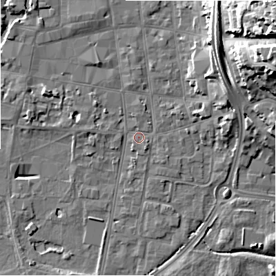 Shaded relief map of the ground around SP12DN, computed from Environment Agency LiDAR. The ground here sits at about 46 m above sea level and falls 26 m across the surrounding 800 m. Surface water reaching this point runs off ground lying to the north-east, 11.7 m higher.