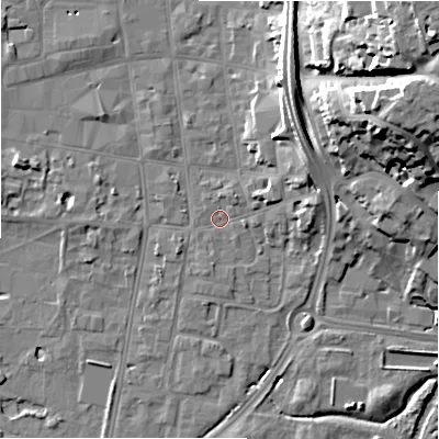 Shaded relief map of the ground around SP12DP, computed from Environment Agency LiDAR. The ground here sits at about 46 m above sea level and falls 30 m across the surrounding 800 m. Surface water reaching this point runs off ground lying to the east-north-east, 7.1 m higher.