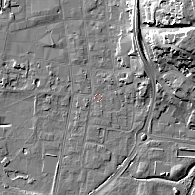 Shaded relief map of the ground around SP12DR, computed from Environment Agency LiDAR. The ground here sits at about 46 m above sea level and falls 29 m across the surrounding 800 m. Surface water reaching this point runs off ground lying to the south, 0.7 m higher.