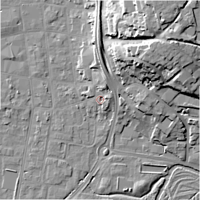 Shaded relief map of the ground around SP12DX, computed from Environment Agency LiDAR. The ground here sits at about 48 m above sea level and falls 30 m across the surrounding 800 m. Surface water reaching this point runs off ground lying to the north-east, 17.3 m higher.