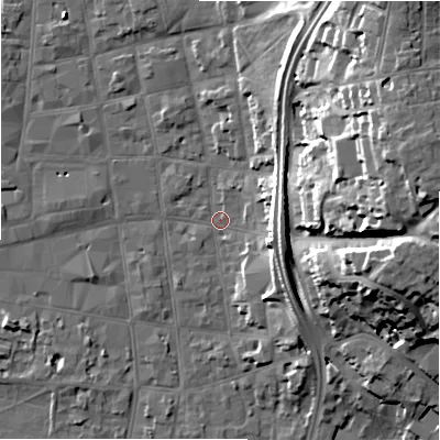Shaded relief map of the ground around SP12DZ, computed from Environment Agency LiDAR. The ground here sits at about 47 m above sea level and falls 28 m across the surrounding 800 m. Surface water reaching this point runs off ground lying to the east-south-east, 10.5 m higher.
