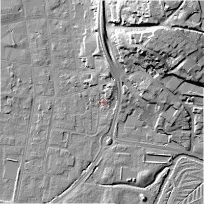Shaded relief map of the ground around SP12EA, computed from Environment Agency LiDAR. The ground here sits at about 46 m above sea level and falls 30 m across the surrounding 800 m. Surface water reaching this point runs off ground lying to the north-north-east, 6.0 m higher.
