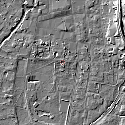 Shaded relief map of the ground around SP12EB, computed from Environment Agency LiDAR. The ground here sits at about 46 m above sea level and falls 16 m across the surrounding 800 m. Surface water reaching this point runs off ground lying to the west-north-west, 1.1 m higher.