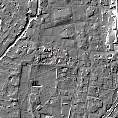 Shaded relief map of the ground around SP12EE, computed from Environment Agency LiDAR. The ground here sits at about 46 m above sea level and falls 16 m across the surrounding 800 m. Surface water reaching this point runs off ground lying to the south-west, 2.6 m higher.