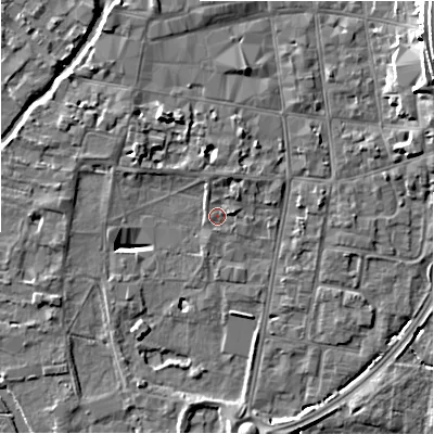 Shaded relief map of the ground around SP12EF, computed from Environment Agency LiDAR. The ground here sits at about 46 m above sea level and falls 16 m across the surrounding 800 m. Surface water reaching this point runs off ground lying to the north, 1.6 m higher.