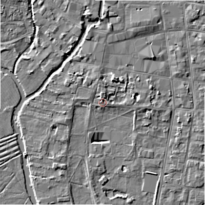 Shaded relief map of the ground around SP12EJ, computed from Environment Agency LiDAR. The ground here sits at about 47 m above sea level and falls 7 m across the surrounding 800 m. Surface water reaching this point runs off ground lying to the north, 2.1 m higher.
