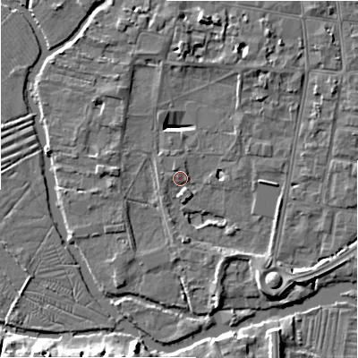 Shaded relief map of the ground around SP12EL, computed from Environment Agency LiDAR. The ground here sits at about 45 m above sea level and falls 9 m across the surrounding 800 m. Surface water reaching this point runs off ground lying to the south-east, 2.9 m higher.