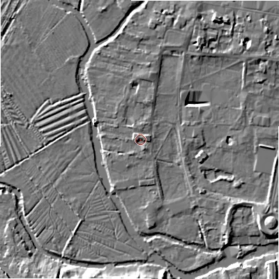 Shaded relief map of the ground around SP12EN, computed from Environment Agency LiDAR. The ground here sits at about 46 m above sea level and falls 8 m across the surrounding 800 m. Surface water reaching this point runs off ground lying to the north-west, 0.9 m higher.