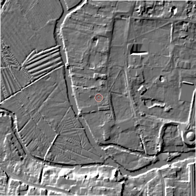 Shaded relief map of the ground around SP12EP, computed from Environment Agency LiDAR. The ground here sits at about 46 m above sea level and falls 12 m across the surrounding 800 m. Surface water reaching this point runs off ground lying to the north-north-west, 0.7 m higher.