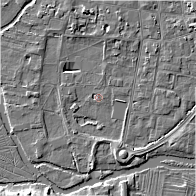 Shaded relief map of the ground around SP12EQ, computed from Environment Agency LiDAR. The ground here sits at about 45 m above sea level and falls 8 m across the surrounding 800 m. Surface water reaching this point runs off ground lying to the north-north-west, 5.7 m higher.