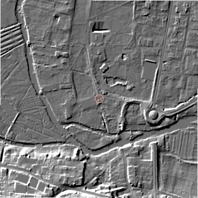 Shaded relief map of the ground around SP12ES, computed from Environment Agency LiDAR. The ground here sits at about 45 m above sea level and falls 18 m across the surrounding 800 m. Surface water reaching this point runs off ground lying to the north-west, 2.0 m higher.