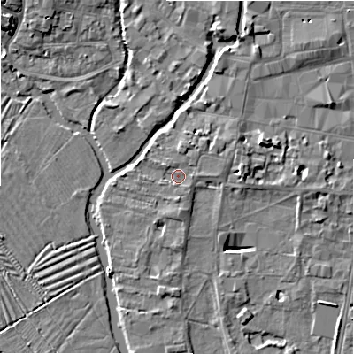 Shaded relief map of the ground around SP12EX, computed from Environment Agency LiDAR. The ground here sits at about 46 m above sea level and falls 9 m across the surrounding 800 m. Surface water reaching this point runs off ground lying to the east-north-east, 1.9 m higher.