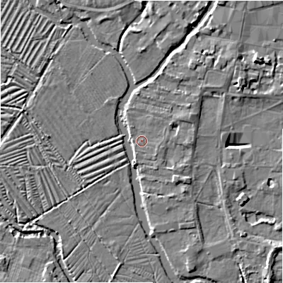 Shaded relief map of the ground around SP12EY, computed from Environment Agency LiDAR. The ground here sits at about 46 m above sea level and falls 7 m across the surrounding 800 m. Surface water reaching this point runs off ground lying to the east-north-east, 1.5 m higher.
