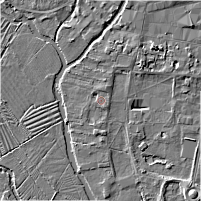 Shaded relief map of the ground around SP12EZ, computed from Environment Agency LiDAR. The ground here sits at about 46 m above sea level and falls 7 m across the surrounding 800 m. Surface water reaching this point runs off ground lying to the north-north-east, 1.5 m higher.