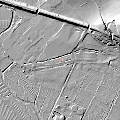 Shaded relief map of the ground around SP12FF, computed from Environment Agency LiDAR. The ground here sits at about 44 m above sea level and falls 27 m across the surrounding 800 m. Surface water reaching this point runs off ground lying to the north-east, 13.4 m higher.