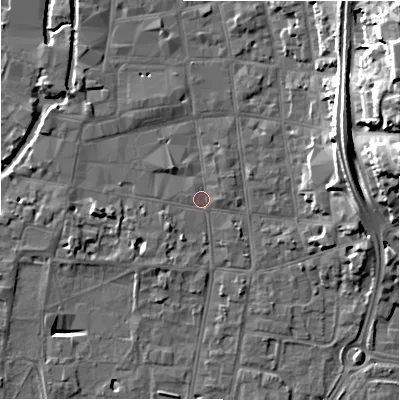 Shaded relief map of the ground around SP12FG, computed from Environment Agency LiDAR. The ground here sits at about 46 m above sea level and falls 24 m across the surrounding 800 m. Surface water reaching this point runs off ground lying to the east-north-east, 21.3 m higher.