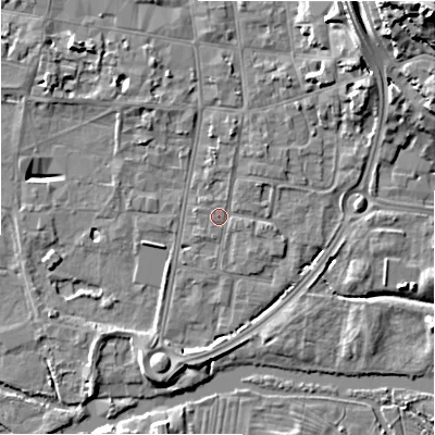 Shaded relief map of the ground around SP12HA, computed from Environment Agency LiDAR. The ground here sits at about 45 m above sea level and falls 24 m across the surrounding 800 m. Surface water reaching this point runs off ground lying to the north, 1.5 m higher.