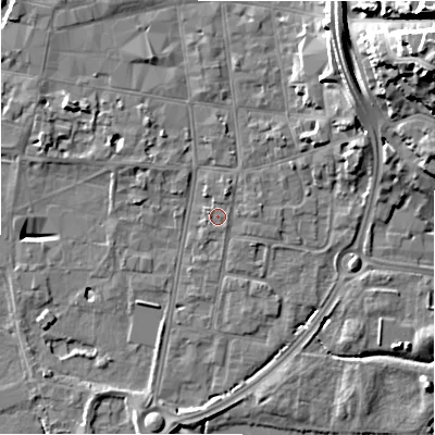 Shaded relief map of the ground around SP12HB, computed from Environment Agency LiDAR. The ground here sits at about 46 m above sea level and falls 27 m across the surrounding 800 m. Surface water reaching this point runs off ground lying to the west-north-west, 0.9 m higher.