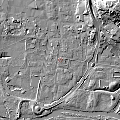 Shaded relief map of the ground around SP12HD, computed from Environment Agency LiDAR. The ground here sits at about 46 m above sea level and falls 27 m across the surrounding 800 m. Surface water reaching this point runs off ground lying to the north, 1.4 m higher.