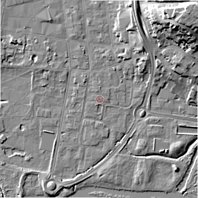 Shaded relief map of the ground around SP12HE, computed from Environment Agency LiDAR. The ground here sits at about 46 m above sea level and falls 28 m across the surrounding 800 m. Surface water reaching this point runs off ground lying to the south-south-west, 1.1 m higher.