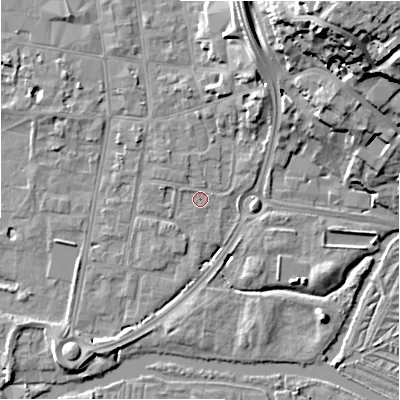 Shaded relief map of the ground around SP12HF, computed from Environment Agency LiDAR. The ground here sits at about 45 m above sea level and falls 27 m across the surrounding 800 m. Surface water reaching this point runs off ground lying to the north-north-west, 1.1 m higher.