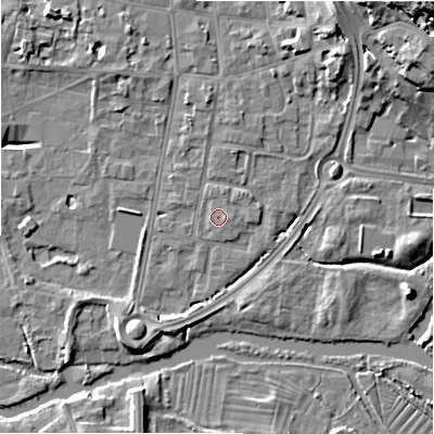 Shaded relief map of the ground around SP12HH, computed from Environment Agency LiDAR. The ground here sits at about 45 m above sea level and falls 20 m across the surrounding 800 m. Surface water reaching this point runs off ground lying to the east, 0.8 m higher.