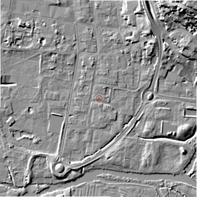Shaded relief map of the ground around SP12HJ, computed from Environment Agency LiDAR. The ground here sits at about 46 m above sea level and falls 26 m across the surrounding 800 m. Surface water reaching this point runs off ground lying to the north-north-east, 0.8 m higher.