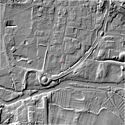Shaded relief map of the ground around SP12HL, computed from Environment Agency LiDAR. The ground here sits at about 45 m above sea level and falls 12 m across the surrounding 800 m. Surface water reaching this point runs off ground lying to the south-west, 6.0 m higher.