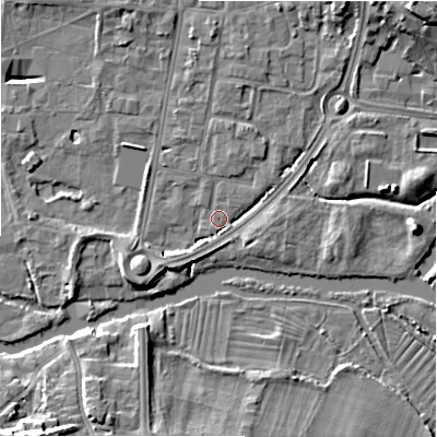 Shaded relief map of the ground around SP12HN, computed from Environment Agency LiDAR. The ground here sits at about 45 m above sea level and falls 13 m across the surrounding 800 m. Surface water reaching this point runs off ground lying to the west-south-west, 4.0 m higher.