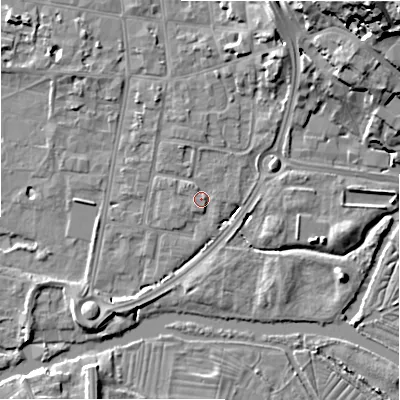 Shaded relief map of the ground around SP12HP, computed from Environment Agency LiDAR. The ground here sits at about 46 m above sea level and falls 23 m across the surrounding 800 m. Surface water reaching this point runs off ground lying to the north-north-west, 1.4 m higher.