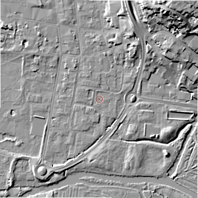 Shaded relief map of the ground around SP12HR, computed from Environment Agency LiDAR. The ground here sits at about 45 m above sea level and falls 27 m across the surrounding 800 m. Surface water reaching this point runs off ground lying to the north-west, 1.1 m higher.