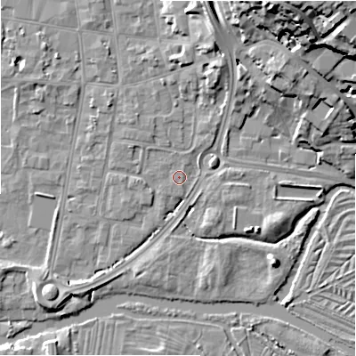 Shaded relief map of the ground around SP12HS, computed from Environment Agency LiDAR. The ground here sits at about 45 m above sea level and falls 26 m across the surrounding 800 m. Surface water reaching this point runs off ground lying to the south-west, 6.0 m higher.