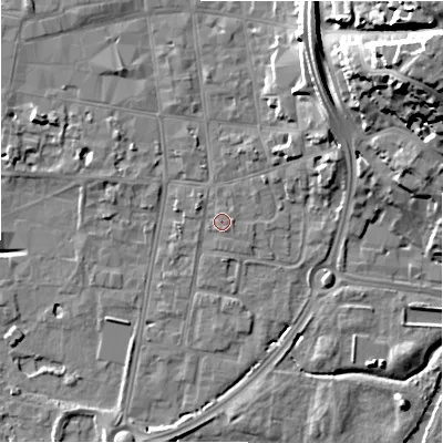 Shaded relief map of the ground around SP12HU, computed from Environment Agency LiDAR. The ground here sits at about 46 m above sea level and falls 28 m across the surrounding 800 m. Surface water reaching this point runs off ground lying to the south-south-east, 0.6 m higher.