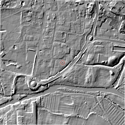 Shaded relief map of the ground around SP12HW, computed from Environment Agency LiDAR. The ground here sits at about 45 m above sea level and falls 14 m across the surrounding 800 m. Surface water reaching this point runs off ground lying to the north, 1.5 m higher.