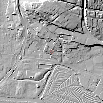 Shaded relief map of the ground around SP12JN, computed from Environment Agency LiDAR. The ground here sits at about 48 m above sea level and falls 29 m across the surrounding 800 m. Surface water reaching this point runs off ground lying to the north-north-west, 8.1 m higher.