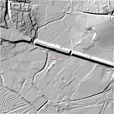 Shaded relief map of the ground around SP12LA, computed from Environment Agency LiDAR. The ground here sits at about 45 m above sea level and falls 26 m across the surrounding 800 m. Surface water reaching this point runs off ground lying to the east, 10.7 m higher.
