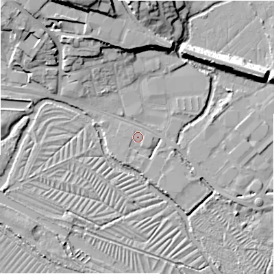 Shaded relief map of the ground around SP12LE, computed from Environment Agency LiDAR. The ground here sits at about 44 m above sea level and falls 20 m across the surrounding 800 m. Surface water reaching this point runs off ground lying to the south-south-west, 0.9 m higher.