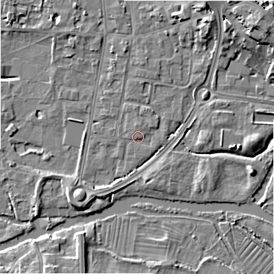 Shaded relief map of the ground around SP12LF, computed from Environment Agency LiDAR. The ground here sits at about 46 m above sea level and falls 16 m across the surrounding 800 m. Surface water reaching this point runs off ground lying to the north, 1.5 m higher.