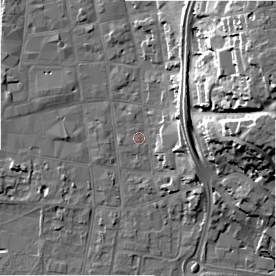 Shaded relief map of the ground around SP12LH, computed from Environment Agency LiDAR. The ground here sits at about 46 m above sea level and falls 29 m across the surrounding 800 m. Surface water reaching this point runs off ground lying to the east-north-east, 11.1 m higher.