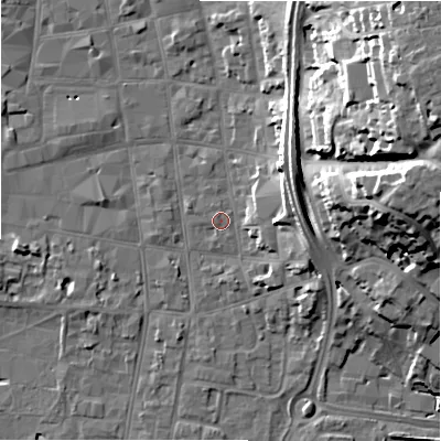 Shaded relief map of the ground around SP12LJ, computed from Environment Agency LiDAR. The ground here sits at about 46 m above sea level and falls 28 m across the surrounding 800 m. Surface water reaching this point runs off ground lying to the north-east, 11.1 m higher.