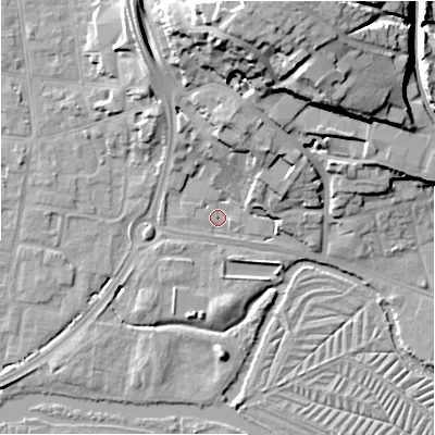 Shaded relief map of the ground around SP12LW, computed from Environment Agency LiDAR. The ground here sits at about 45 m above sea level and falls 28 m across the surrounding 800 m. Surface water reaching this point runs off ground lying to the north-north-east, 10.4 m higher.