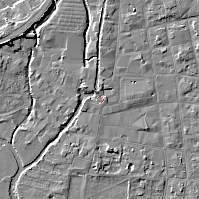 Shaded relief map of the ground around SP12LX, computed from Environment Agency LiDAR. The ground here sits at about 47 m above sea level and falls 9 m across the surrounding 800 m. Surface water reaching this point runs off ground lying to the north, 1.9 m higher.