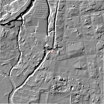 Shaded relief map of the ground around SP12LZ, computed from Environment Agency LiDAR. The ground here sits at about 46 m above sea level and falls 9 m across the surrounding 800 m. Surface water reaching this point runs off ground lying to the north-east, 3.0 m higher.