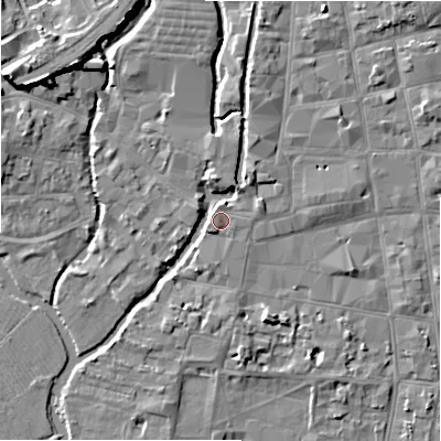 Shaded relief map of the ground around SP12ND, computed from Environment Agency LiDAR. The ground here sits at about 47 m above sea level and falls 9 m across the surrounding 800 m. Surface water reaching this point runs off ground lying to the north, 3.6 m higher.
