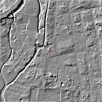 Shaded relief map of the ground around SP12NE, computed from Environment Agency LiDAR. The ground here sits at about 47 m above sea level and falls 8 m across the surrounding 800 m. Surface water reaching this point runs off ground lying to the north-west, 1.1 m higher.