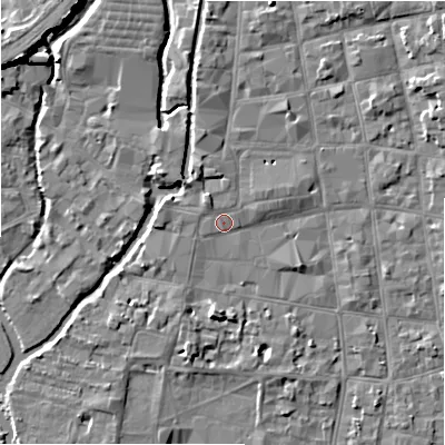 Shaded relief map of the ground around SP12NG, computed from Environment Agency LiDAR. The ground here sits at about 47 m above sea level and falls 9 m across the surrounding 800 m. Surface water reaching this point runs off ground lying to the north-north-west, 1.3 m higher.