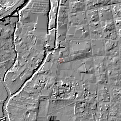 Shaded relief map of the ground around SP12NH, computed from Environment Agency LiDAR. The ground here sits at about 47 m above sea level and falls 10 m across the surrounding 800 m. Surface water reaching this point runs off ground lying to the north, 1.3 m higher.