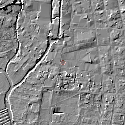 Shaded relief map of the ground around SP12NJ, computed from Environment Agency LiDAR. The ground here sits at about 46 m above sea level and falls 11 m across the surrounding 800 m. Surface water reaching this point runs off ground lying to the west-north-west, 1.0 m higher.